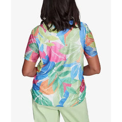 Alfred Dunner Petite Parrot Cay Textured Tropical Beaded Neck Top, Multi Green