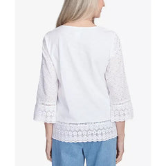 Alfred Dunner Petite Flower Power Floral Embroidered Eyelet Trim Top, White, Size PS