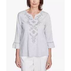 Alfred Dunner Petite Estate of Mind Embroidered Scroll Bell Sleeve Top, Dove Grey