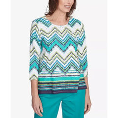 Alfred Dunner Petite Nantucket Pleated Neckline Chevron Top, Jade Multi