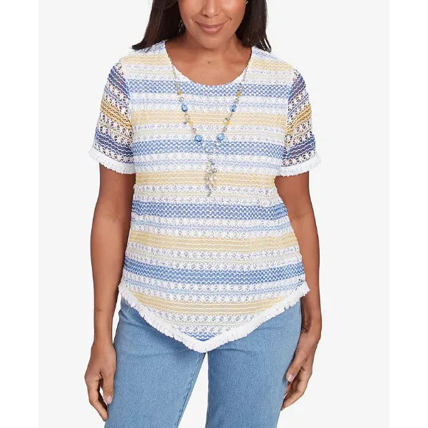 Alfred Dunner Petite Flower Power Textured Biadere Fringe Top with Necklace, Multi Blue