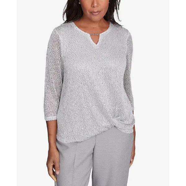 Alfred Dunner Petite Estate of Mind Sequin Beaded Split Neck Top, Dove Grey