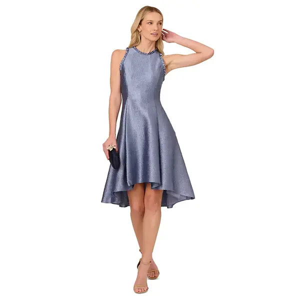 Adrianna Papell Womens Ruffled Jacquard High Low Dress Elegant, Evening or Special Occasion Outfit, Spring Blue