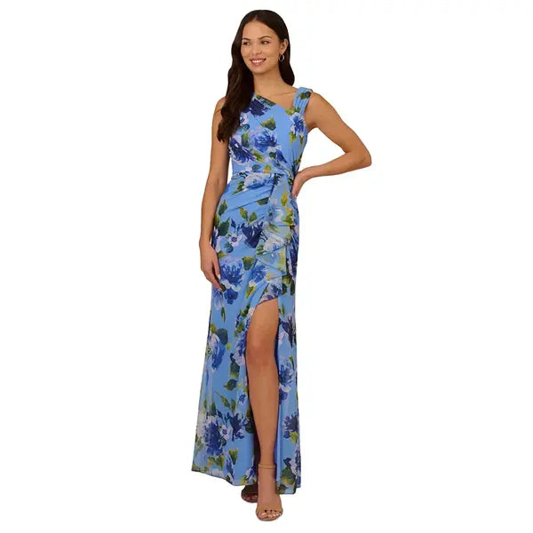 Adrianna Papell Womens Floral Print Ruffled Gown Elegant, Evening or Special Occasion Dress, Blue Multi, Size 14