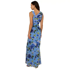 Adrianna Papell Womens Floral Print Ruffled Gown Elegant, Evening or Special Occasion Dress, Blue Multi, Size 14