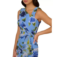 Adrianna Papell Womens Floral Print Ruffled Gown Elegant, Evening or Special Occasion Dress, Blue Multi, Size 14