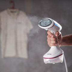 Geepas Handheld Garment Steamer- GGS25021| 1370-1630 W, Fast Heating with Auto Shut-Off| Equipped with Ceramic Head and Detachable Water Tank| White and Maroon