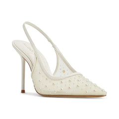 ALDO Womens Pearlescent Pointed Toe Slingback Pumps, Elegant Shiny Heels, White Mesh