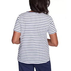 Alfred Dunner Petite Beaded-Floral Striped Crewneck Top, Marnwht