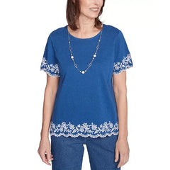 Alfred Dunner Petite Embroidered Scalloped-Trim Necklace Top, Heanavy