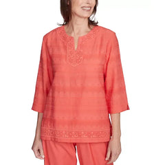 Alfred Dunner Petite Lace-Trim Split-Neck 3/4-Sleeve Top, Tangerine