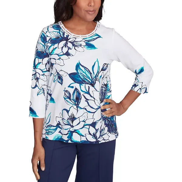 Alfred Dunner Petite Floral 3/4-Sleeve Crewneck Top, Marinmu