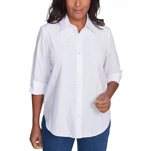 Alfred Dunner Petite Embellished 3/4-Sleeve Button-Down Shirt, White