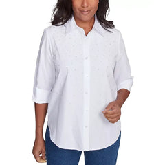 Alfred Dunner Petite Embellished 3/4-Sleeve Button-Down Shirt, White