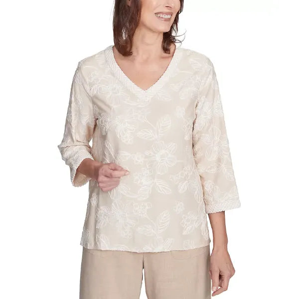 Alfred Dunner Petite Floral-Embroidered 3/4-Sleeve Top, Linen