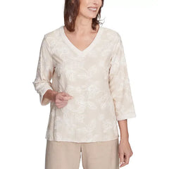 Alfred Dunner Petite Floral-Embroidered 3/4-Sleeve Top, Linen