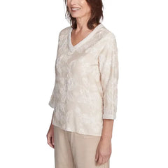 Alfred Dunner Petite Floral-Embroidered 3/4-Sleeve Top, Linen