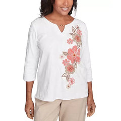 Alfred Dunner Petite Floral-Embroidered Split-Neck Top, Ivory