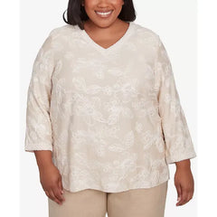 Alfred Dunner Plus Size Catalina Island Tossed Floral Embroidery V-Neck Top, Linen