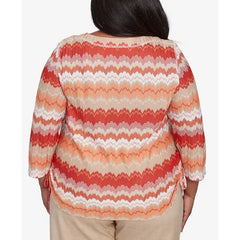 Alfred Dunner Plus Size Catalina Island Modern Chevron Drawstring Crew Neck Top, Tangerine Multi
