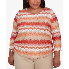 Alfred Dunner Plus Size Catalina Island Modern Chevron Drawstring Crew Neck Top, Tangerine Multi