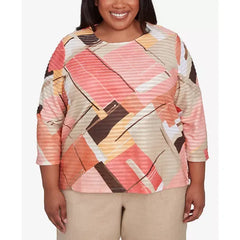Alfred Dunner Plus Size Catalina Island Colorful Patchwork Crew Neck Top, Tangerine Multi