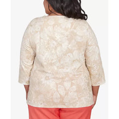 Alfred Dunner Plus Size Catalina Island Textured Floral Foil Accent Keyhole Neck Top, Linen