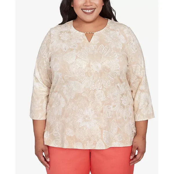 Alfred Dunner Plus Size Catalina Island Textured Floral Foil Accent Keyhole Neck Top, Linen