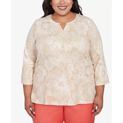 Alfred Dunner Plus Size Catalina Island Textured Floral Foil Accent Keyhole Neck Top, Linen