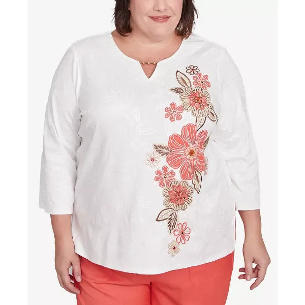 Alfred Dunner Plus Size Catalina Island Romantic Embroidered Floral Top, Ivory