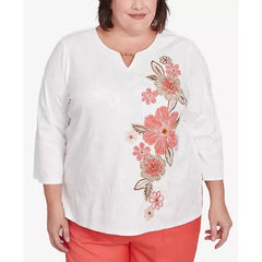Alfred Dunner Plus Size Catalina Island Romantic Embroidered Floral Top, Ivory