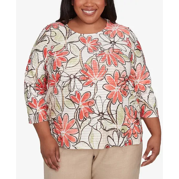 Alfred Dunner Plus Size Catalina Bold Island Floral Textured Crew Neck Top, Tangerine Multi