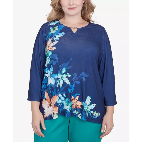 Alfred Dunner Plus Size Nantucket Asymmetric Floral Beaded Split Neck Top, Marine Blue