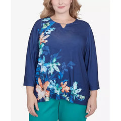 Alfred Dunner Plus Size Nantucket Asymmetric Floral Beaded Split Neck Top, Marine Blue