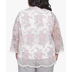 Alfred Dunner Plus Size Estate of Mind Floral Lace Two in One Collared Neck Top with Necklace, Multi Pink