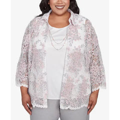 Alfred Dunner Plus Size Estate of Mind Floral Lace Two in One Collared Neck Top with Necklace, Multi Pink