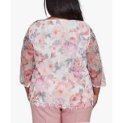 Alfred Dunner Plus Size Estate of Mind Floral Mesh Watercolor Crew Neck Top, Multi Pink