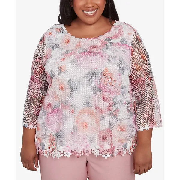 Alfred Dunner Plus Size Estate of Mind Floral Mesh Watercolor Crew Neck Top, Multi Pink