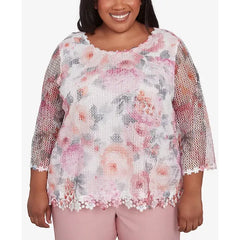 Alfred Dunner Plus Size Estate of Mind Floral Mesh Watercolor Crew Neck Top, Multi Pink
