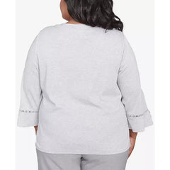 Alfred Dunner Plus Size Estate of Mind Embroidered Scroll Bell Sleeve Top, Dove Gray