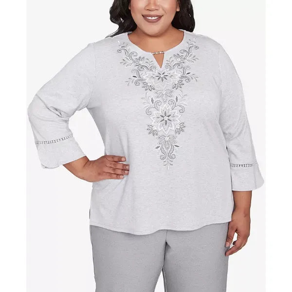 Alfred Dunner Plus Size Estate of Mind Embroidered Scroll Bell Sleeve Top, Dove Gray