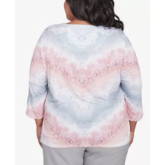 Alfred Dunner Plus Size Estate of Mind Chevron Lacey Three Quarter Sleeve Top, Multi Pink