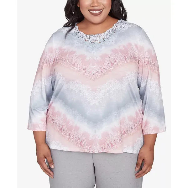 Alfred Dunner Plus Size Estate of Mind Chevron Lacey Three Quarter Sleeve Top, Multi Pink