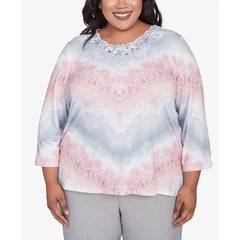 Alfred Dunner Plus Size Estate of Mind Chevron Lacey Three Quarter Sleeve Top, Multi Pink