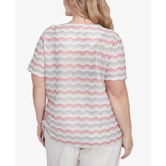 Alfred Dunner Plus Size Estate of Mind Chevron Shimmer Crew Neck T-Shirt with Necklace, Multi Pink