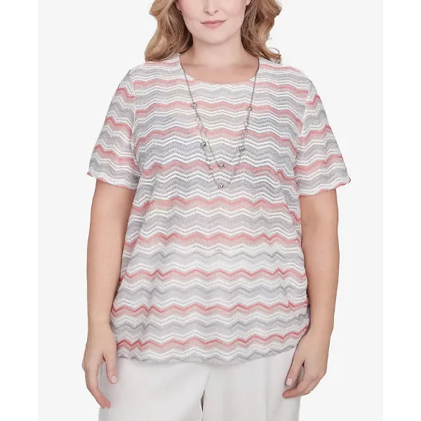Alfred Dunner Plus Size Estate of Mind Chevron Shimmer Crew Neck T-Shirt with Necklace, Multi Pink