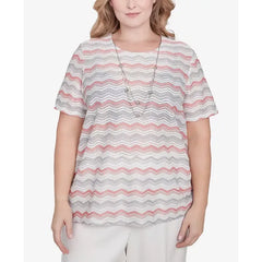 Alfred Dunner Plus Size Estate of Mind Chevron Shimmer Crew Neck T-Shirt with Necklace, Multi Pink