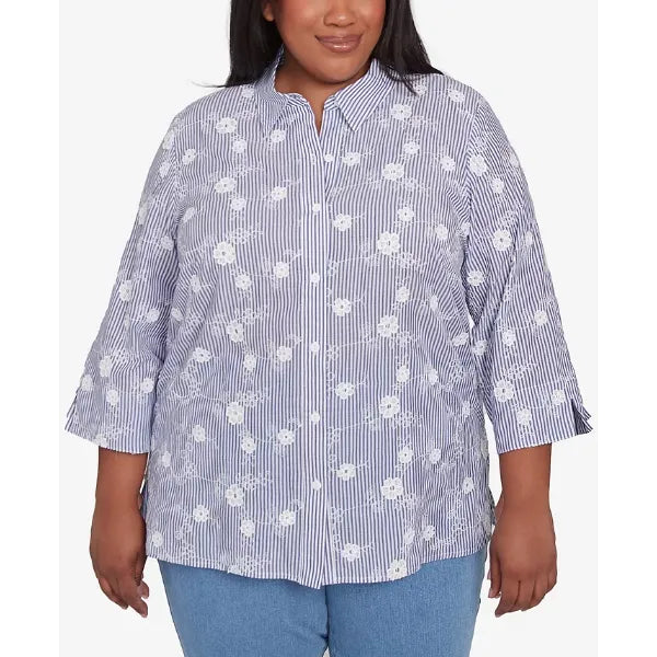 Alfred Dunner Plus Size Flower Power Striped Breezy Floral Applique Collared Top, Blue