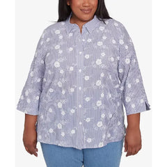 Alfred Dunner Plus Size Flower Power Striped Breezy Floral Applique Collared Top, Blue