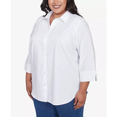 Alfred Dunner Plus Size Flower Power Studded Button Down Collared Top, White